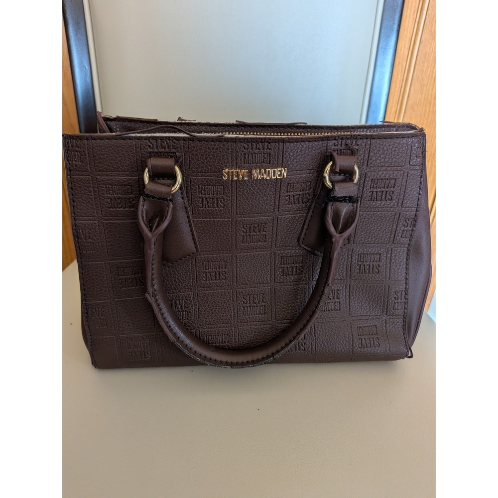 Steve Madden Brown Embossed Logo Satchel Handbag Pebbled Vegan Leather Bag